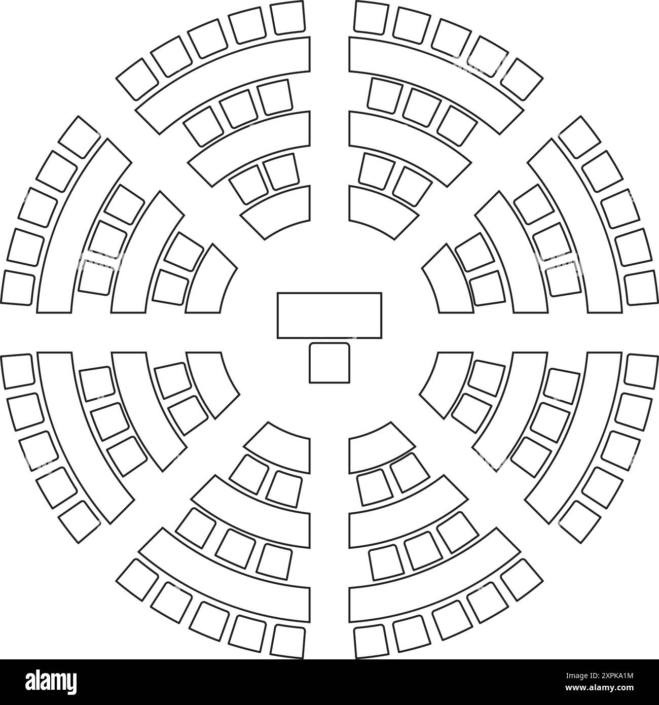 Sitzplätze im Auditorium sind rund oder im Amphitheater angeordnet. Schematische Anordnung der Sitze im Vorlesungssaal oder in der Sitzung, in der Konferenz oder im parlament. Schreibtische und Stock Vektor