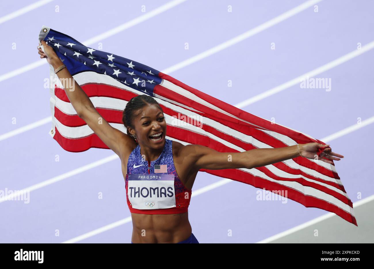 Paris, Frankreich. August 2024. Die US-amerikanische Gabrielle Thomas gewinnt am 11. Tag der Olympischen Spiele am Dienstag, den 6. August 2024, das 200-Meter-Finale der Frauen im Stade de France. Foto: Hugo Philpott/UPI Credit: UPI/Alamy Live News Stockfoto