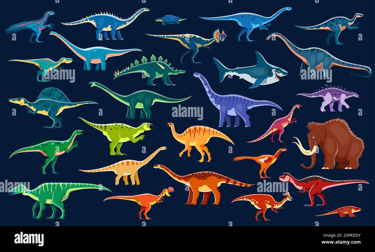 Farbcartoon prähistorische Dinosaurier-Vektor-Set. Farbenfrohe Dino-Arten, Fleischlieferfresser, Allesfresser, Pflanzenfresser und Mammut mit vibra Stock Vektor