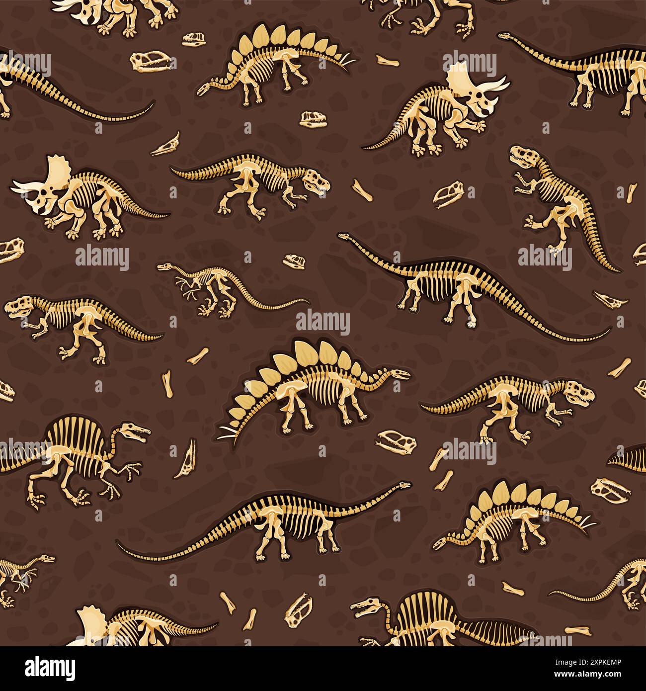 Das nahtlose Muster der Dinosaurier Fossils zeigt Dino-Knochen und Skelette, die auf einem braunen, strukturierten Boden angeordnet sind. Vektorfliese, Tapete oder Textil mit Stock Vektor