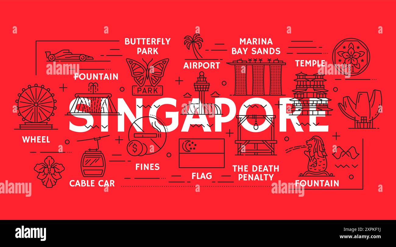 Singapur Line Reisen und Sehenswürdigkeiten. Vektor singapurs Flagge, Marina Bay Sands, artscience und Changi Flughafen umreißen Gebäude. Singapur Country orc Stock Vektor