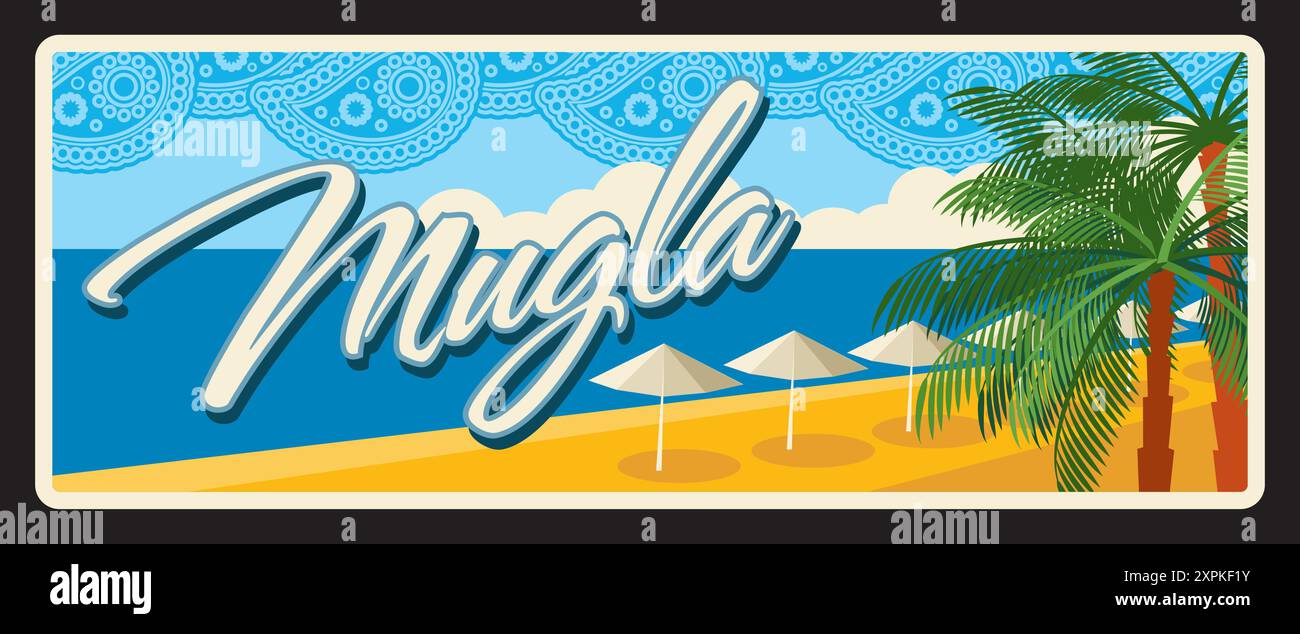 Mugla Türkische Gemeinde oder Provinz, il oder Territorium in Turkiye. Vektor-Reiseplatte, Vintage Blechschild, Retro-Postkartendesign. Ferienanlagen für Stock Vektor