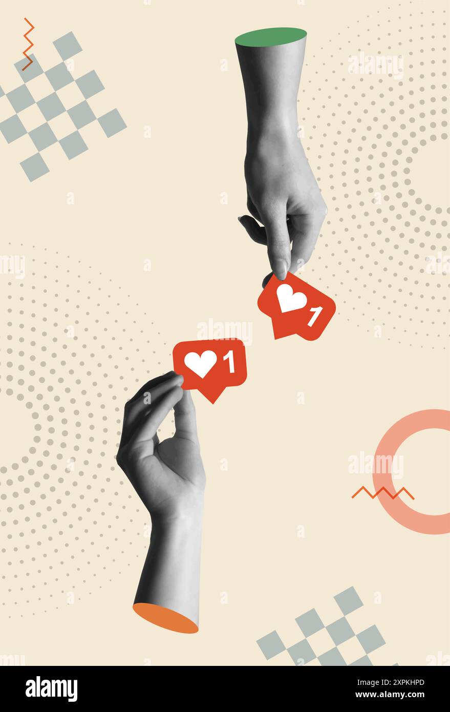 Hand gibt positives Feedback wie Symbol in Retro 80s Collage Mixed Media Vektor Illustration. Herzsymbol auf einer roten Sprechblasennadel. Soci-Konzept Stock Vektor