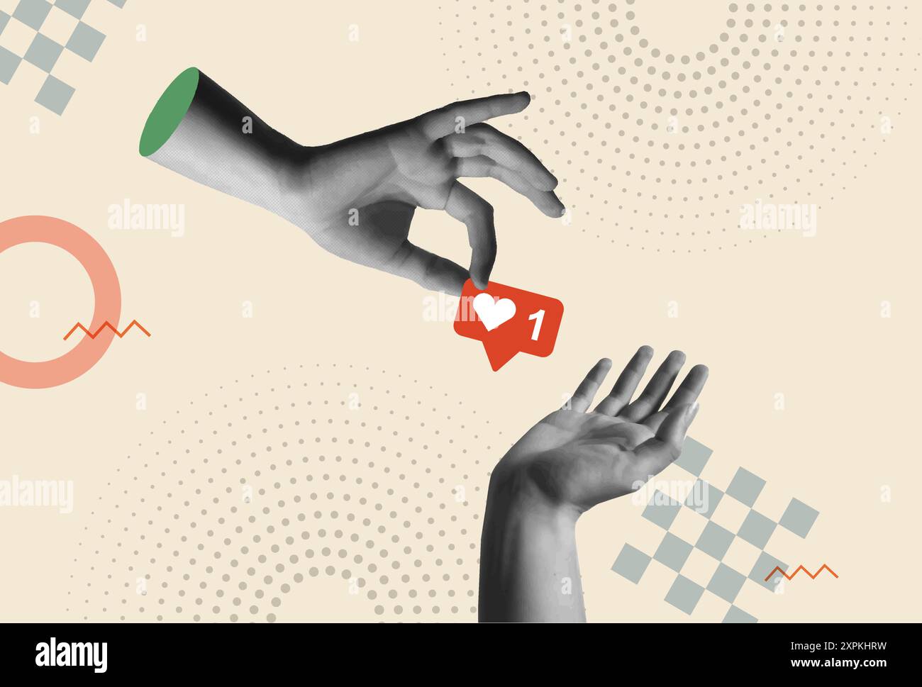 Hand gibt positives Feedback wie Symbol in Retro 80s Collage Mixed Media Vektor Illustration. Herzsymbol auf einer roten Sprechblasennadel. Soci-Konzept Stock Vektor