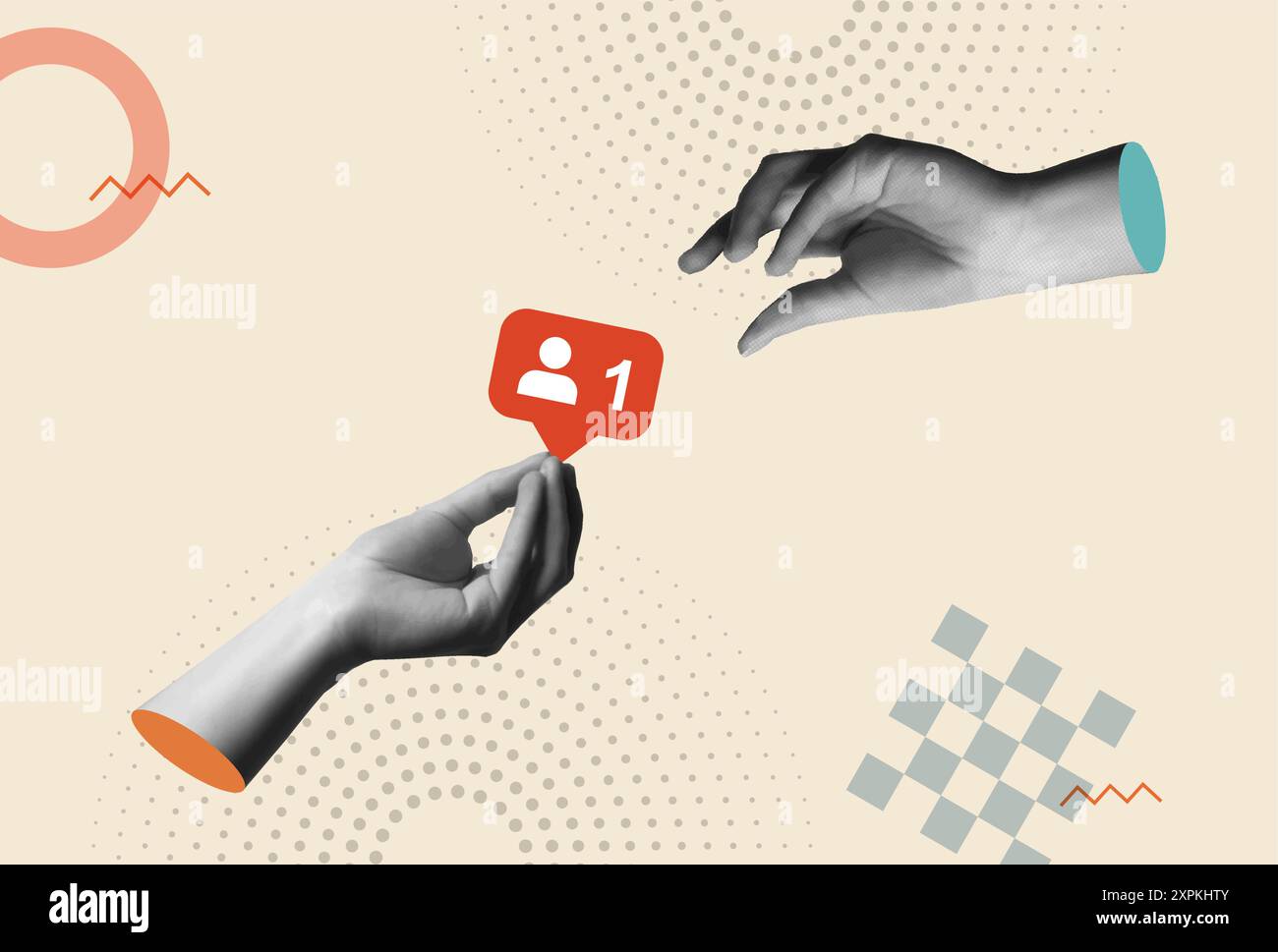 Hand gebender Anhänger Symbol in Retro 80s Collage gemischte Medien Vektor Illustration. Personensymbol auf einer roten Sprechblasennadel. Konzept des Additivs sozialer Medien Stock Vektor