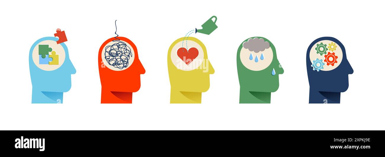 Satz von Vektorillustrationen von geisteszuständen und psychischen Gesundheitstherapiekonzepten. Sammlung verschiedener Charaktermenschenköpfe mit psychischen Störungen, d Stock Vektor