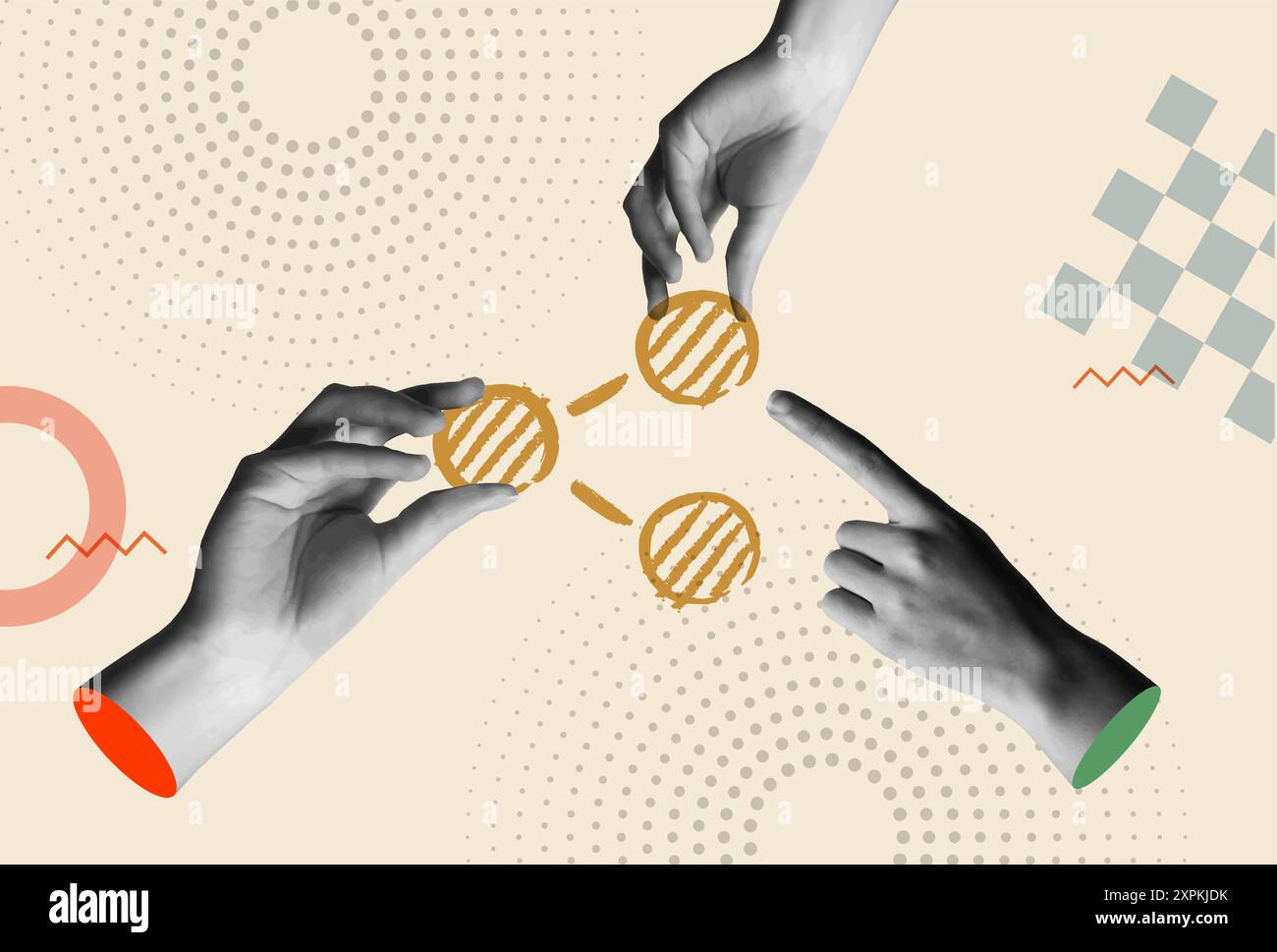 Soziale Medien teilen Symbol und menschliche Hände in Retro-Collage der 80er Jahre gemischte Medien Vektor Illustration. Konzept der mobilen App, vernetzen Sie Menschen und kollaborativ Stock Vektor