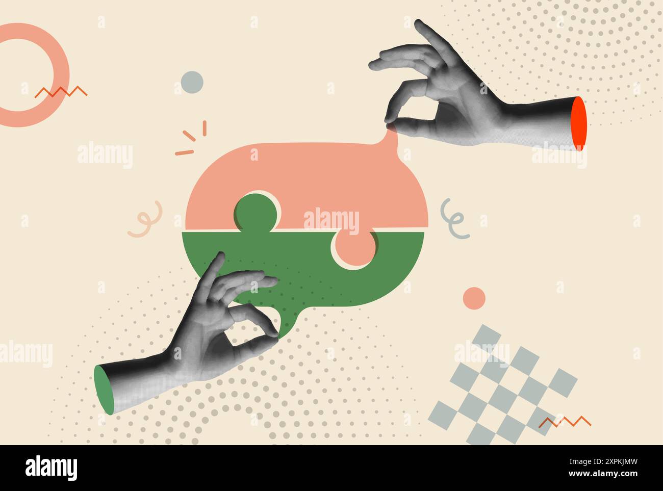 Sprechballon Konversation in Puzzle-Form Vektor-Illustration Karte. Menschliche Hände tauschen Informationen in Retro-Collagen-Vektorillustration der 80er Jahre aus. Conce Stock Vektor