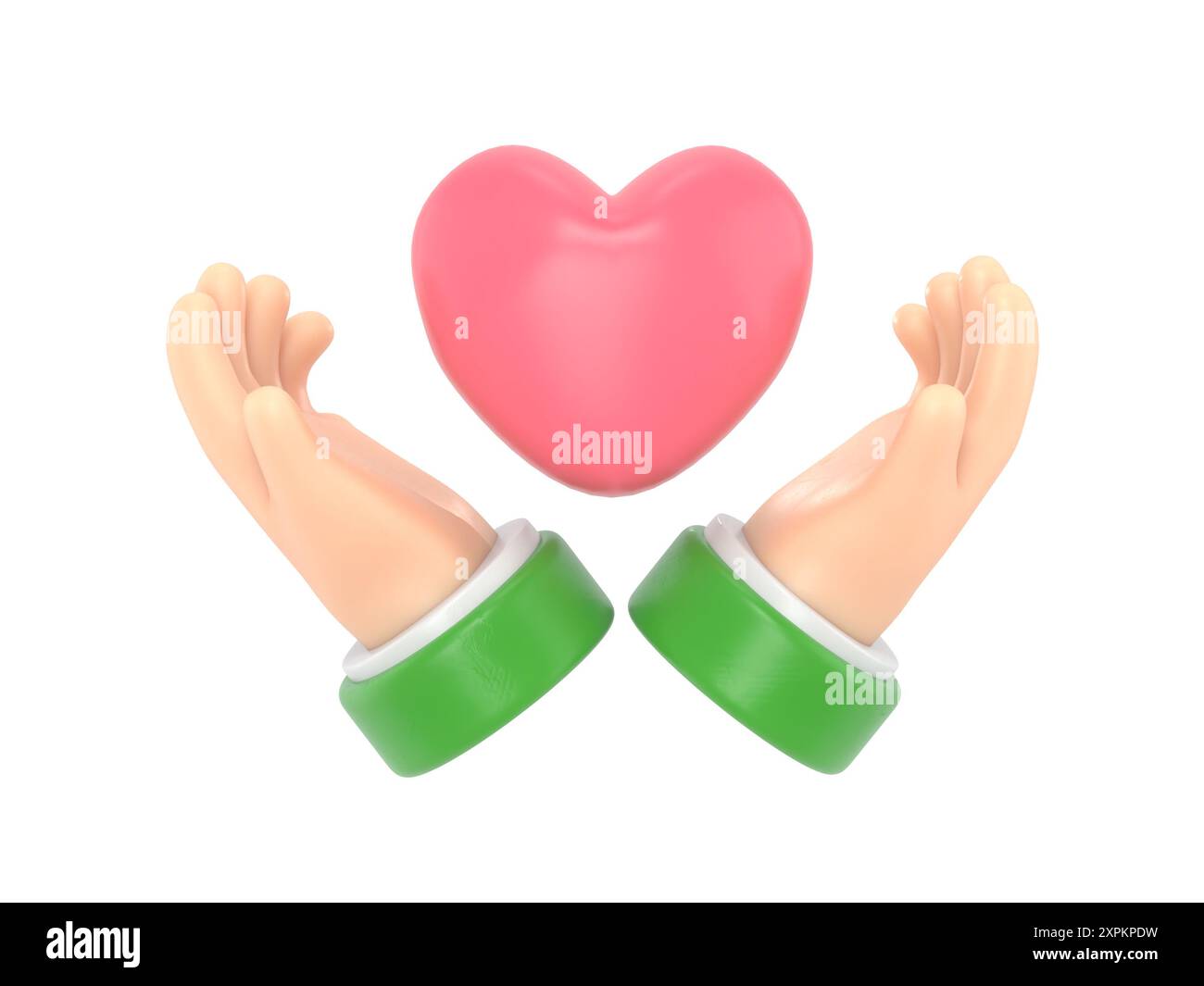 Mockup Des Symbols Für Zeichentrickgesten. Wohltätigkeitskonzept. Spender, der das Herz in den Händen hält. 3D-Rendering auf weißem Hintergrund. Stockfoto