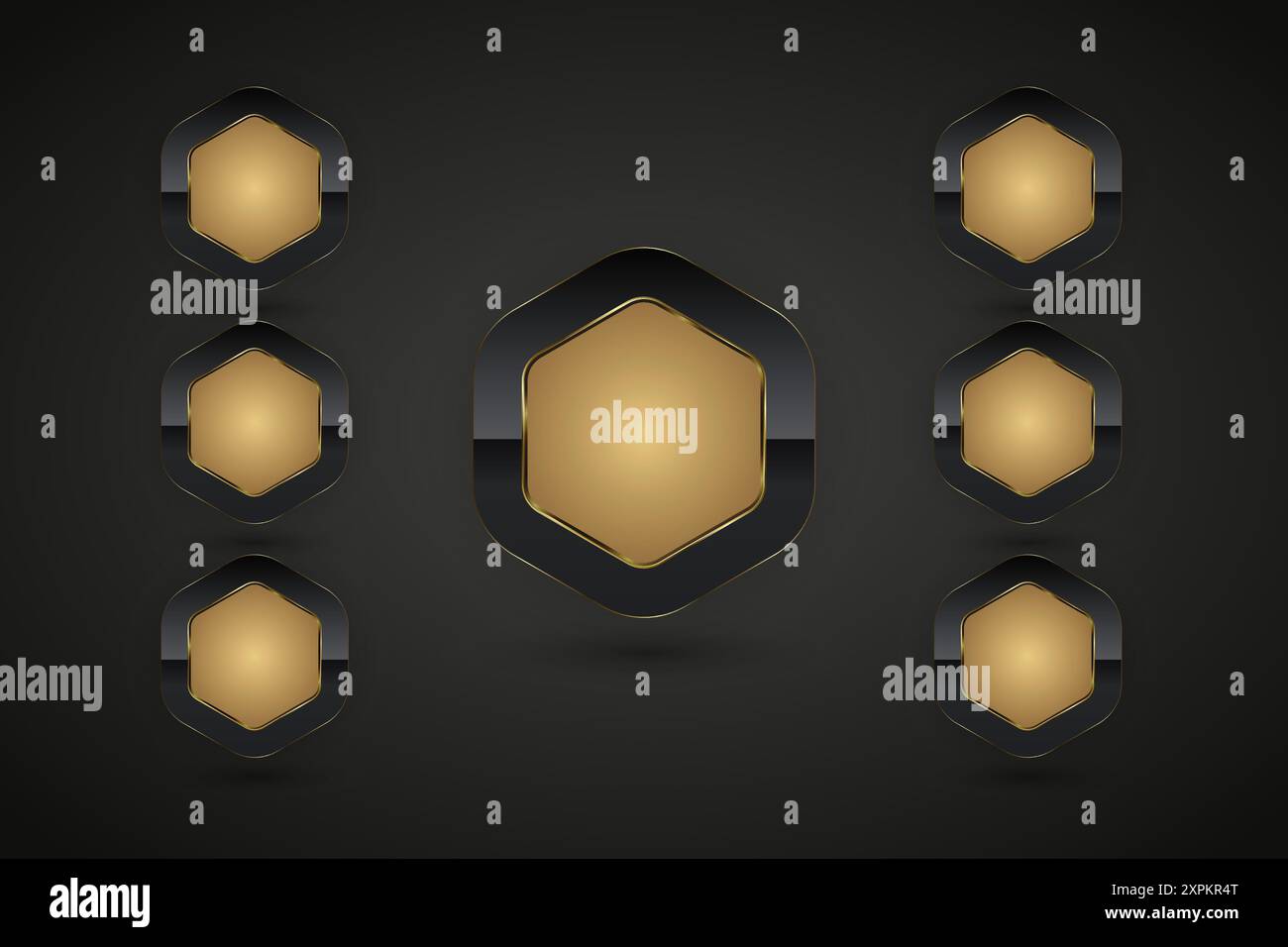 SET aus goldenen Diagrammtasten mit hochwertigen realistischen isolierten Website-Elementen und drei luxuriösen Knöpfen in sechseckigen Formen mit goldenem Rahmen-Vektorillu Stock Vektor