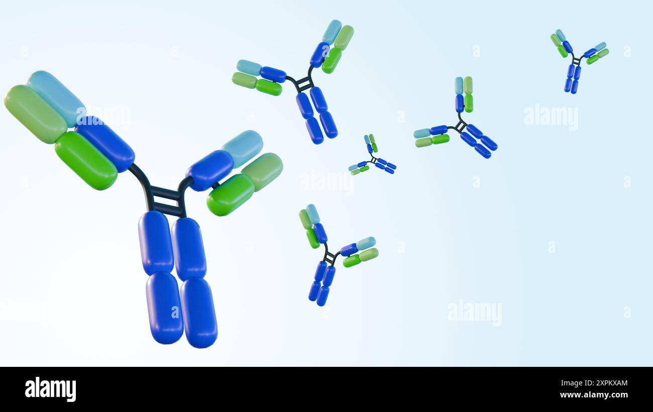 3D-Darstellung isolierter Streuantikörpermoleküle im hellblauen Hintergrund Stockfoto