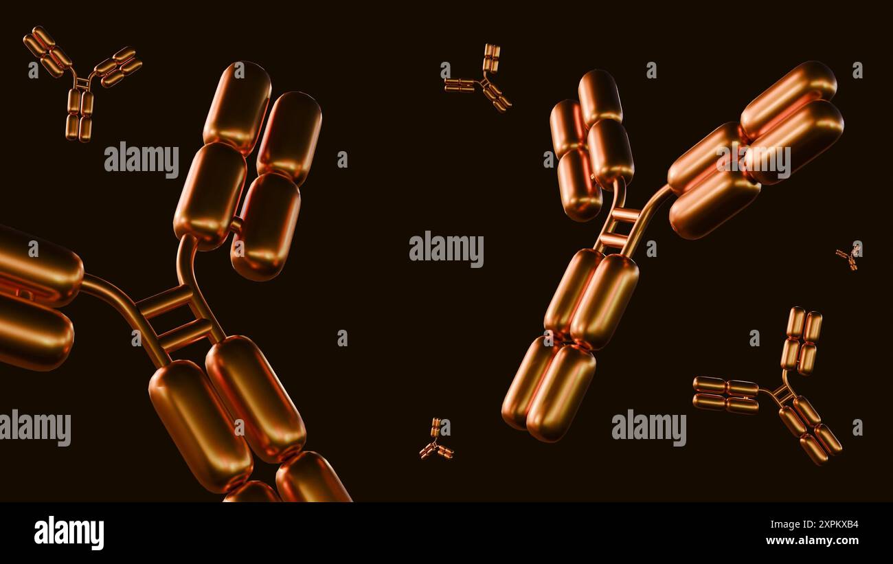 3D-Rendering von gestreuten Gold-Antikörpermolekülen im schwarzen Hintergrund Stockfoto
