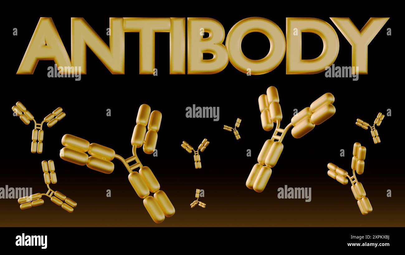 3D-Rendering von gestreuten Gold-Antikörpermolekülen im schwarzen Hintergrund Stockfoto