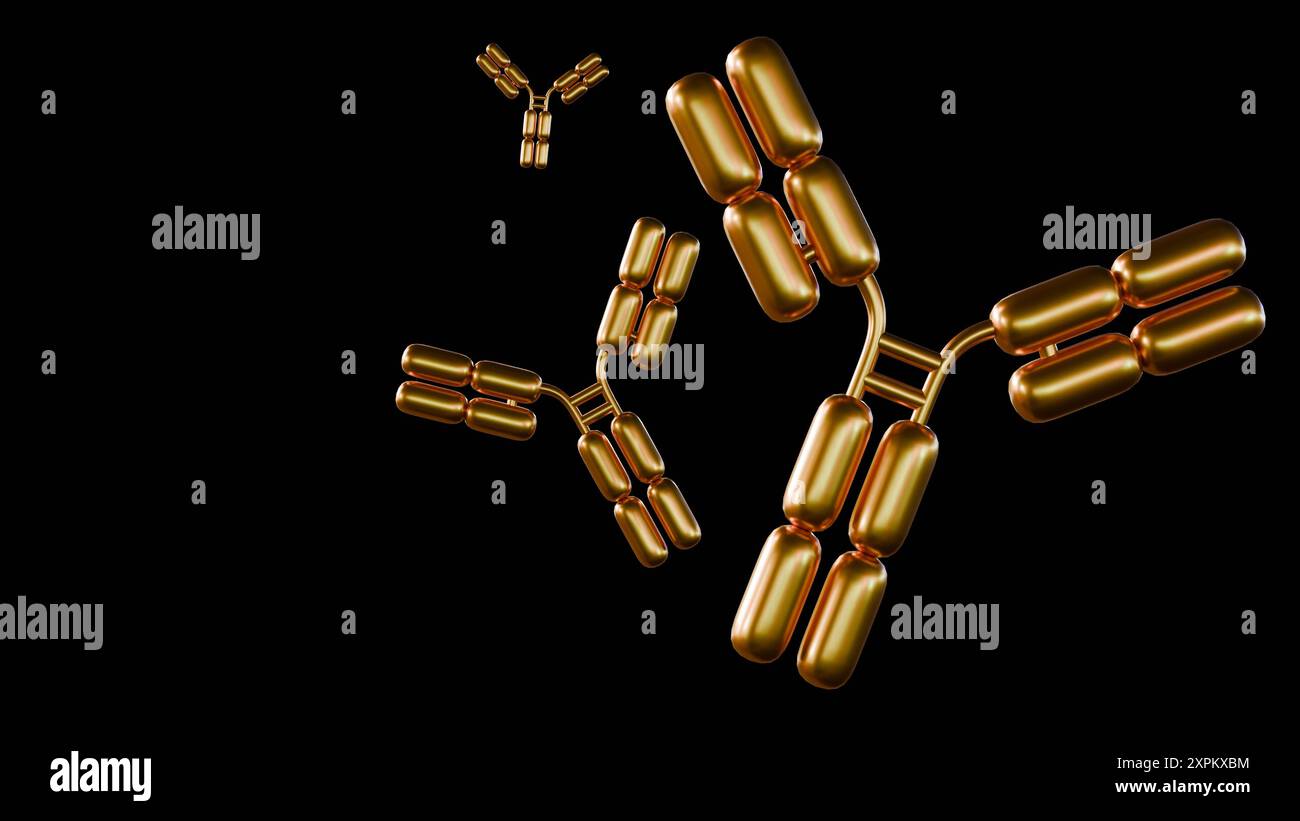 3D-Rendering von gestreuten Gold-Antikörpermolekülen im schwarzen Hintergrund Stockfoto