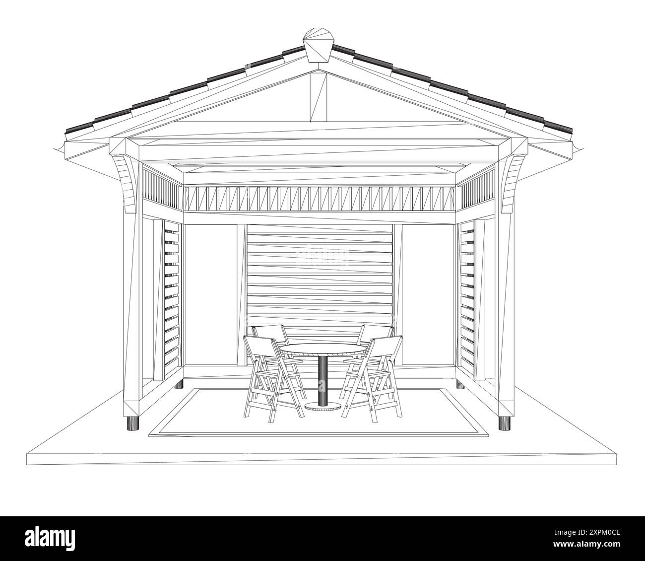 Umriss des Pavillons. Lineare Silhouette mit schwarzer Kontur. Kontur eines Sommerhauses mit Bänken, Tisch und Dach. Vektorabbildung. 3D. Stock Vektor