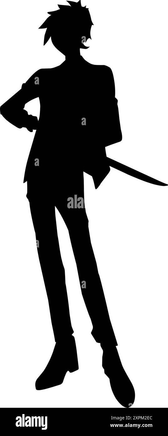 Silhouette eines coolen Kerls mit einem Schwert. Perfekt für Aufkleber, Tattoos, Logos, Bannerelemente, Banner, Symbole Stock Vektor
