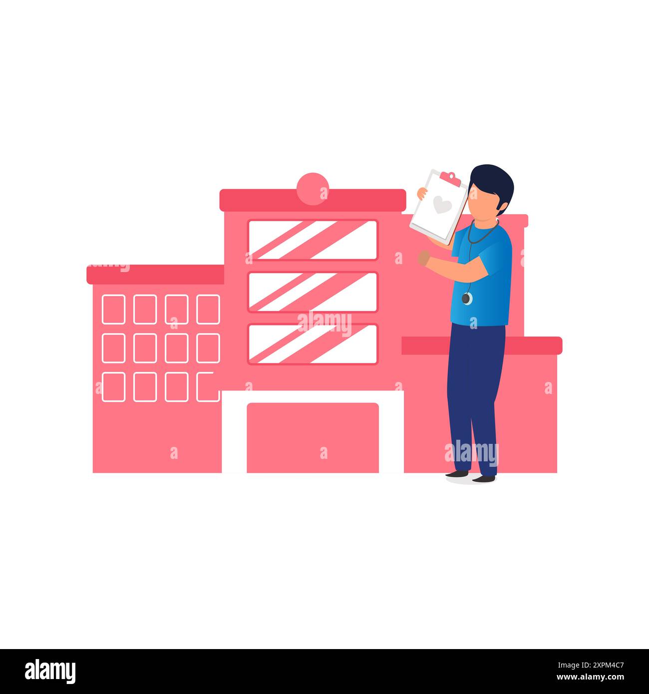 Der Junge steht neben dem Krankenhausgebäude. Stockfoto