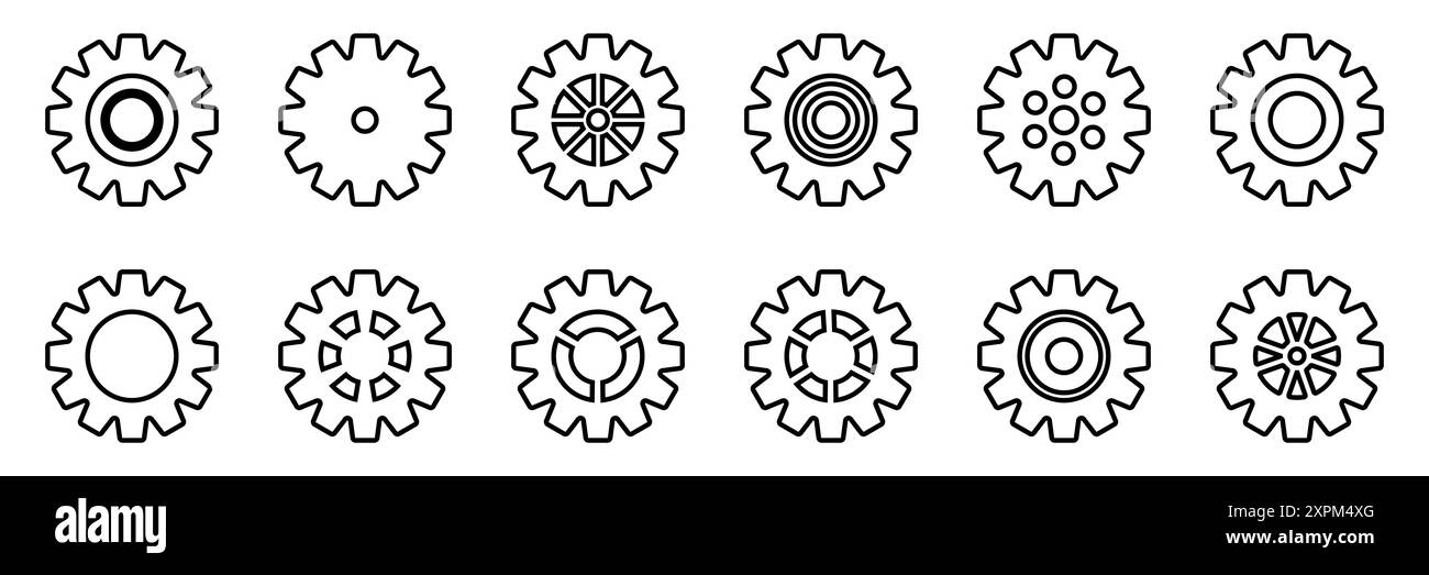 Symbolsatz Gänge. Symbol für Gangeinstellung. Sammlung mechanischer Zahnräder. Einfache Zahnradsammlung. Silhouette mit Zahnradsymbolen. Vector Illustrati Stock Vektor