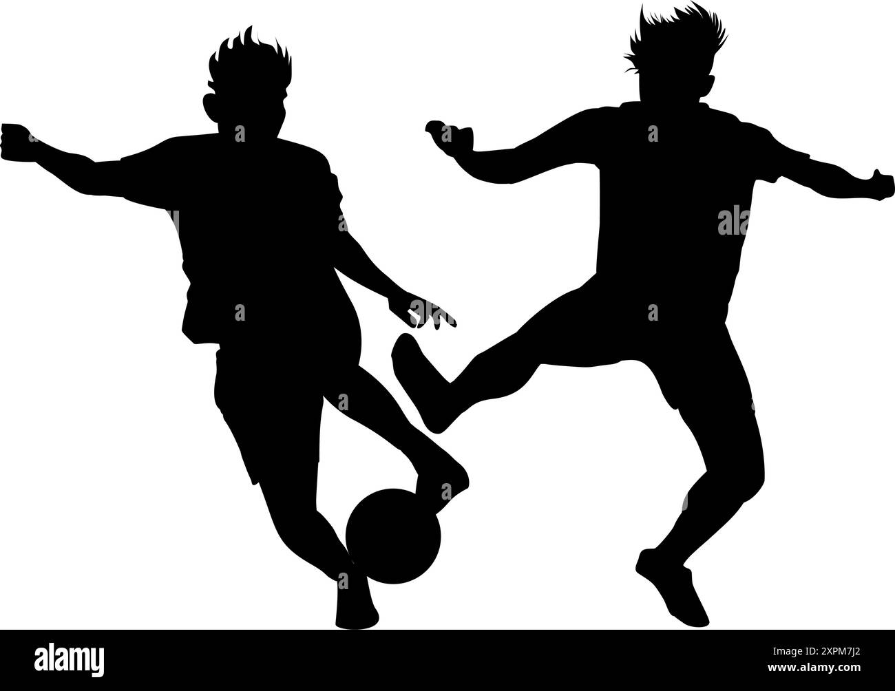 Silhouetten von zwei Fußballspielern, die den Ball auf weißem Hintergrund dribbeln. Perfekt für Logos, Symbole, Aufkleber und Tattoos Stock Vektor