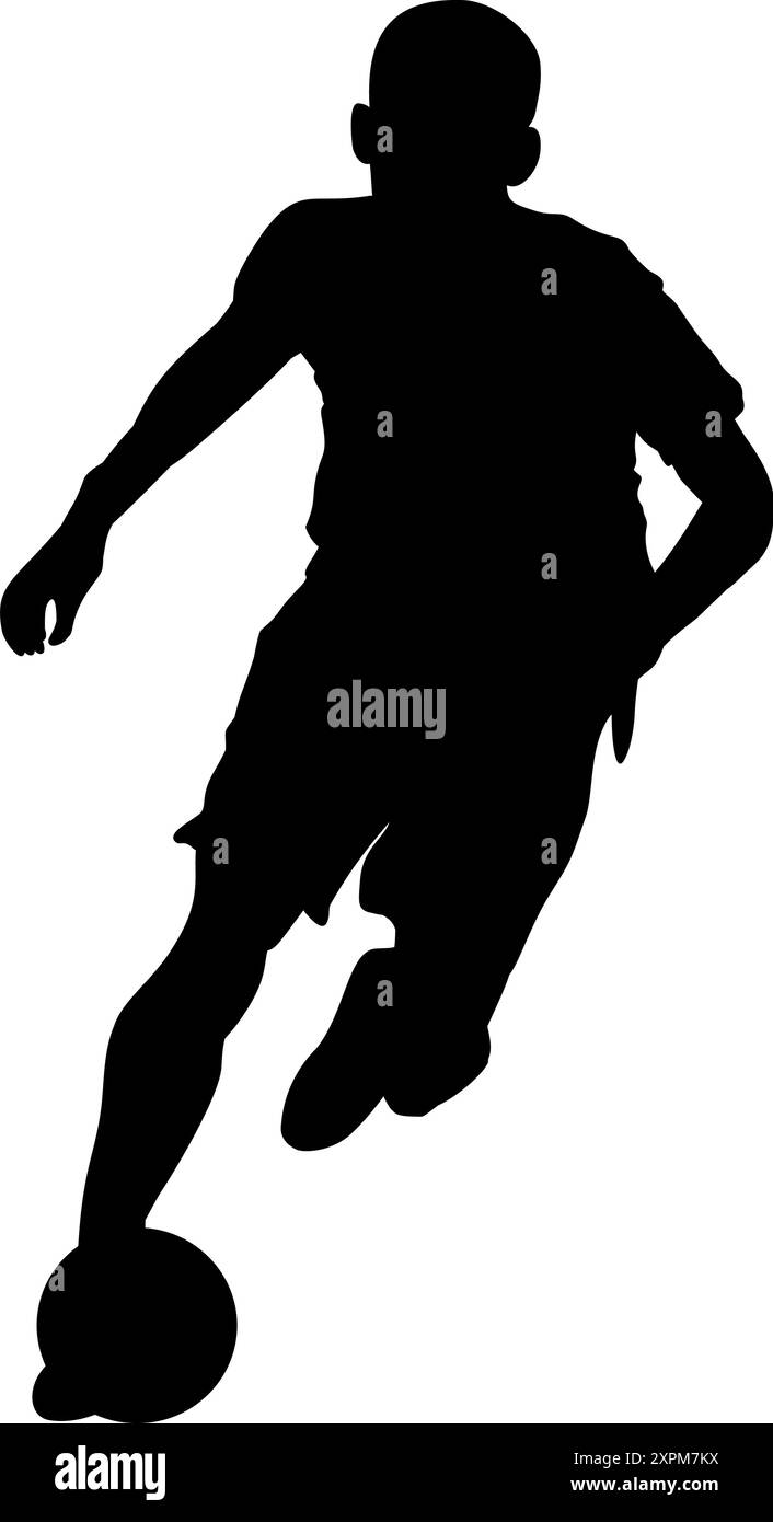 Silhouette eines Fußballspielers, der den Ball auf weißem Hintergrund dribbelt. Perfekt für Logos, Symbole, Aufkleber und Tattoos Stock Vektor