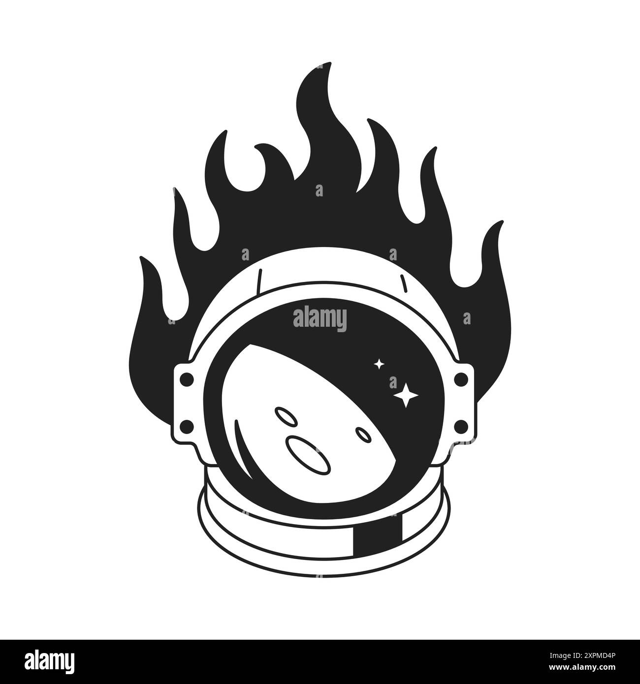 Y2K Gothic Astronautenhelm mit brennender Flamme Art Tattoo Umrisssymbolvektor flache Illustration. Kosmonaut Science-Fiction-Galaxie-Universum-Reise-Spac Stock Vektor