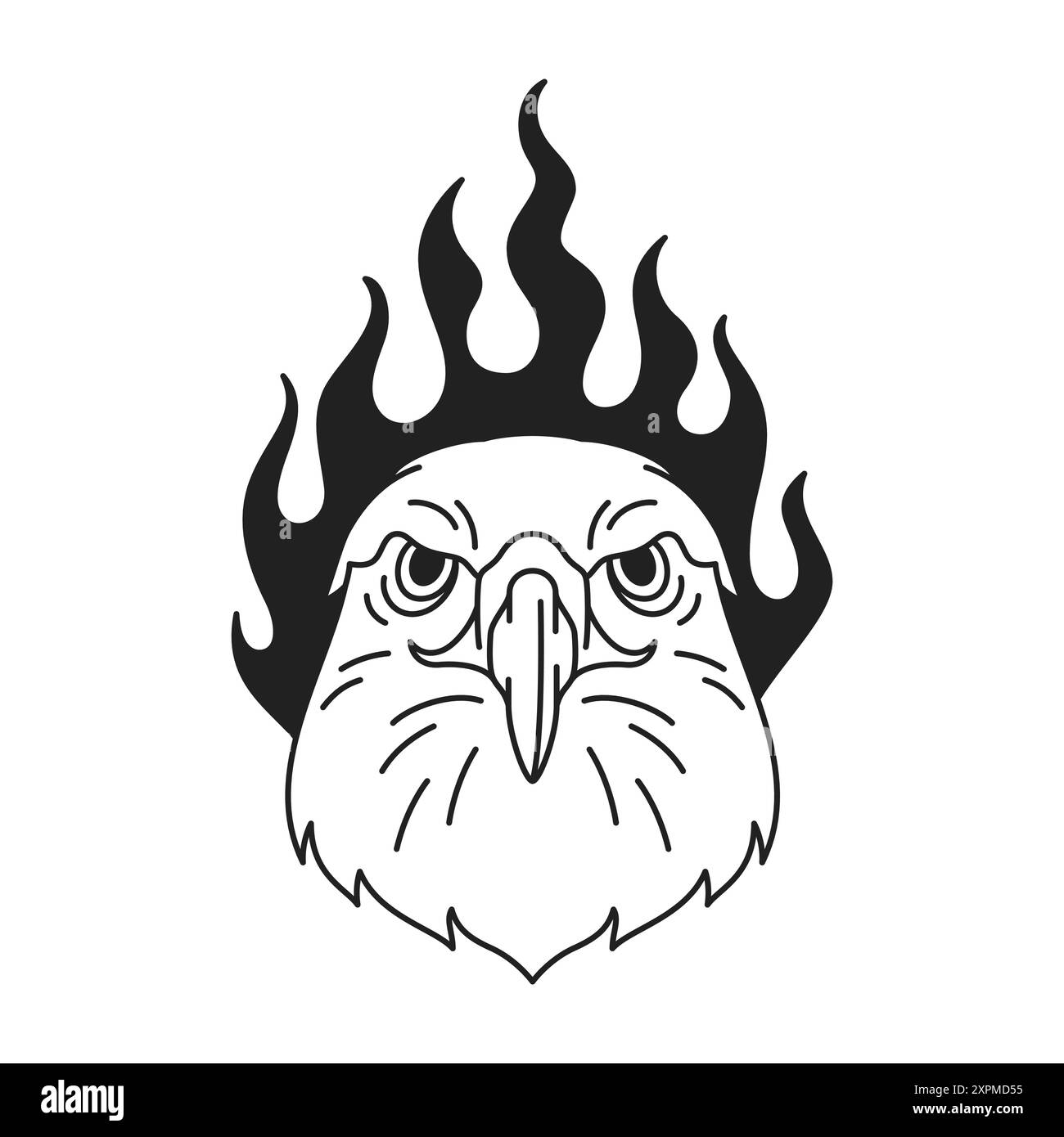 Y2K Adler Falke Kopf mit brennender Flamme Kunst Tattoo Umriss Icon Vektor flache Illustration. Starker wilder Raubvogel Portrait psychedelisch groovig Stock Vektor