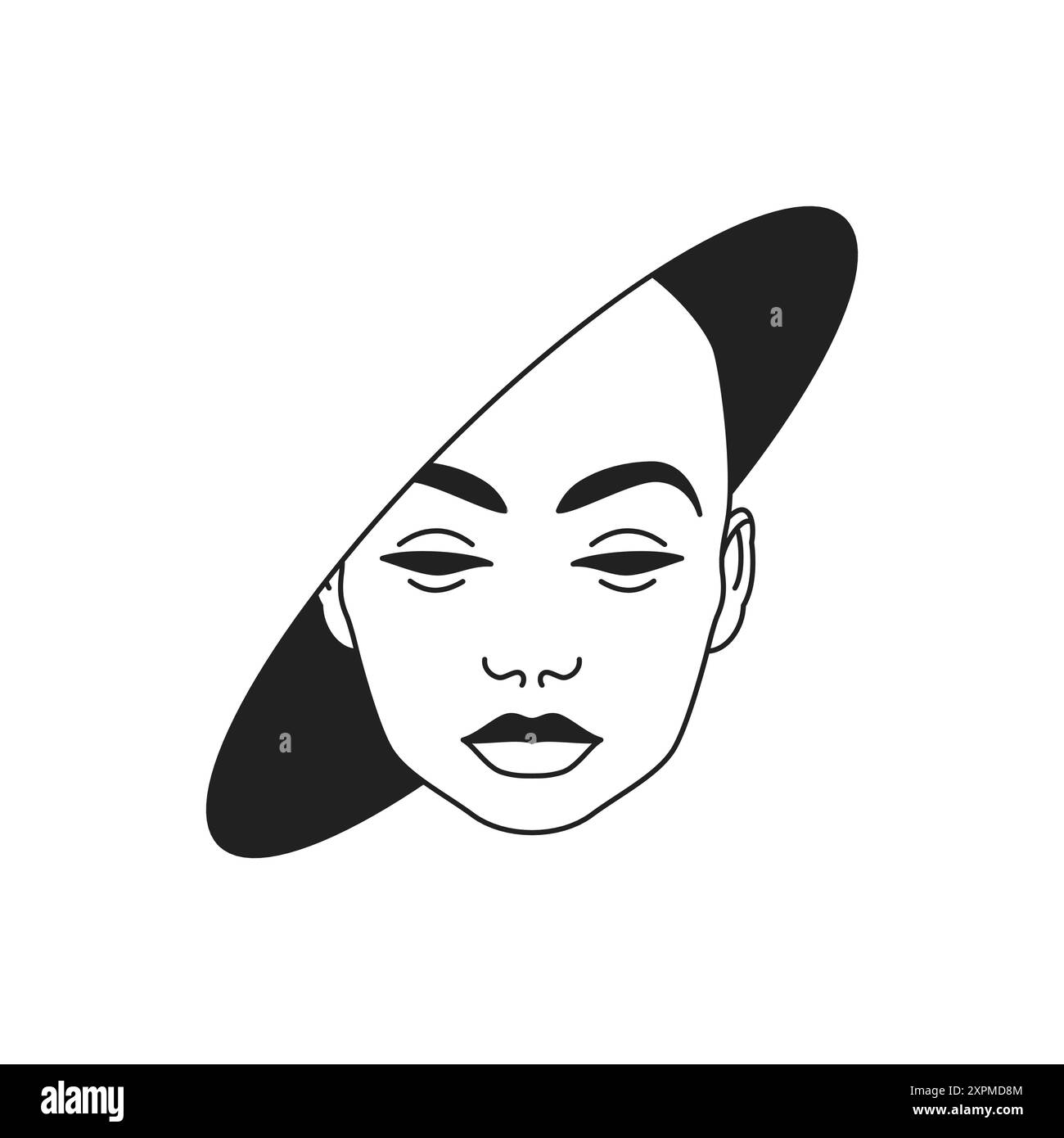 Y2K futuristischer Glatze menschlicher Kopf im runden Loch zeitgenössische Pop Art Umrisssymbolvektor flache Illustration. Psychedelische Science-Fiction-Person Porträt i Stock Vektor