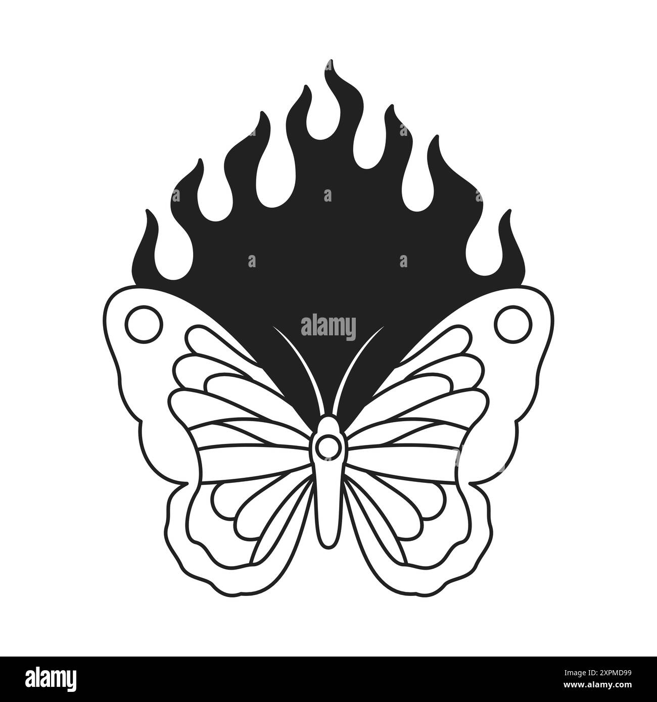 Y2K Schmetterling mit ornamentalen Flügeln und brennender Flamme schwarz Tattoo Umrisssymbolvektor flache Illustration. Wunderschönes fliegendes Sommerinsekt monochrome El Stock Vektor