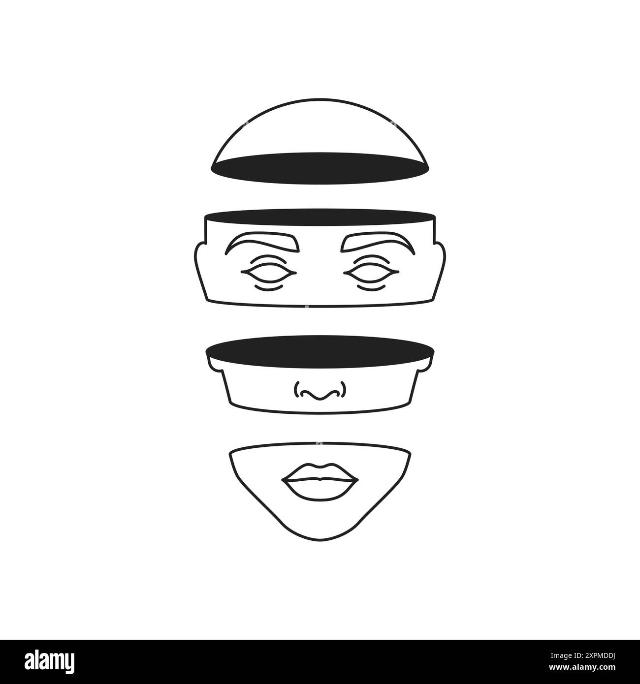 Y2K menschlicher Kopf horizontaler Schnitt Abschnitt zeitgenössische Pop Art Umriss Icon Vektor flache Illustration. Futuristische Person Porträt geschnittenes Gesicht Psychedeli Stock Vektor