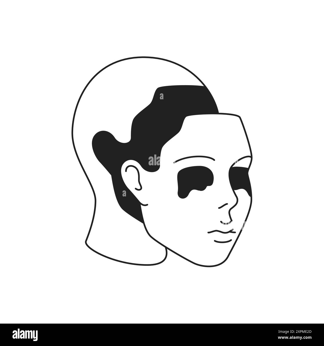 Y2K Science-Fiction menschlicher Abstieg Gesicht zeitgenössische Pop-Art Umriss Icon Vektor flache Illustration. Futuristische Personenkopfskulptur verlorene Gesichtshaut Stock Vektor