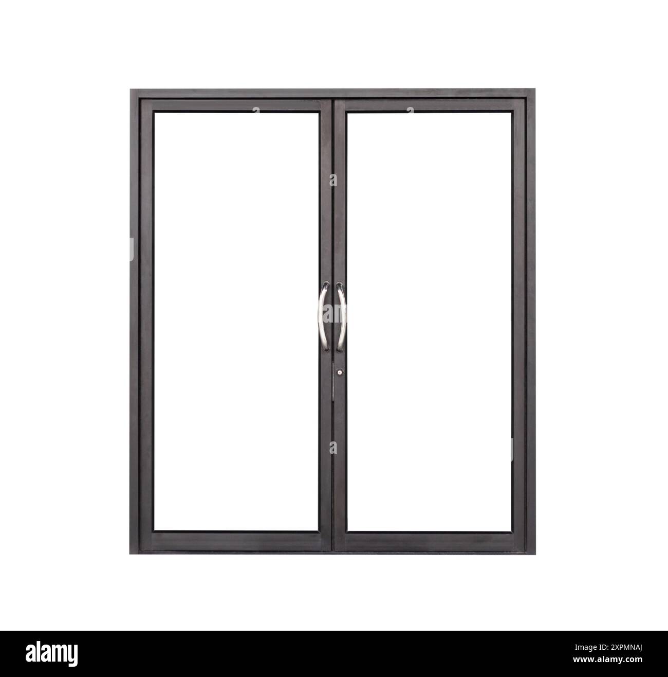 Echter moderner schwarzer Ladenfront mit doppelter Glastür Fensterrahmen isoliert auf weißem Hintergrund Stockfoto