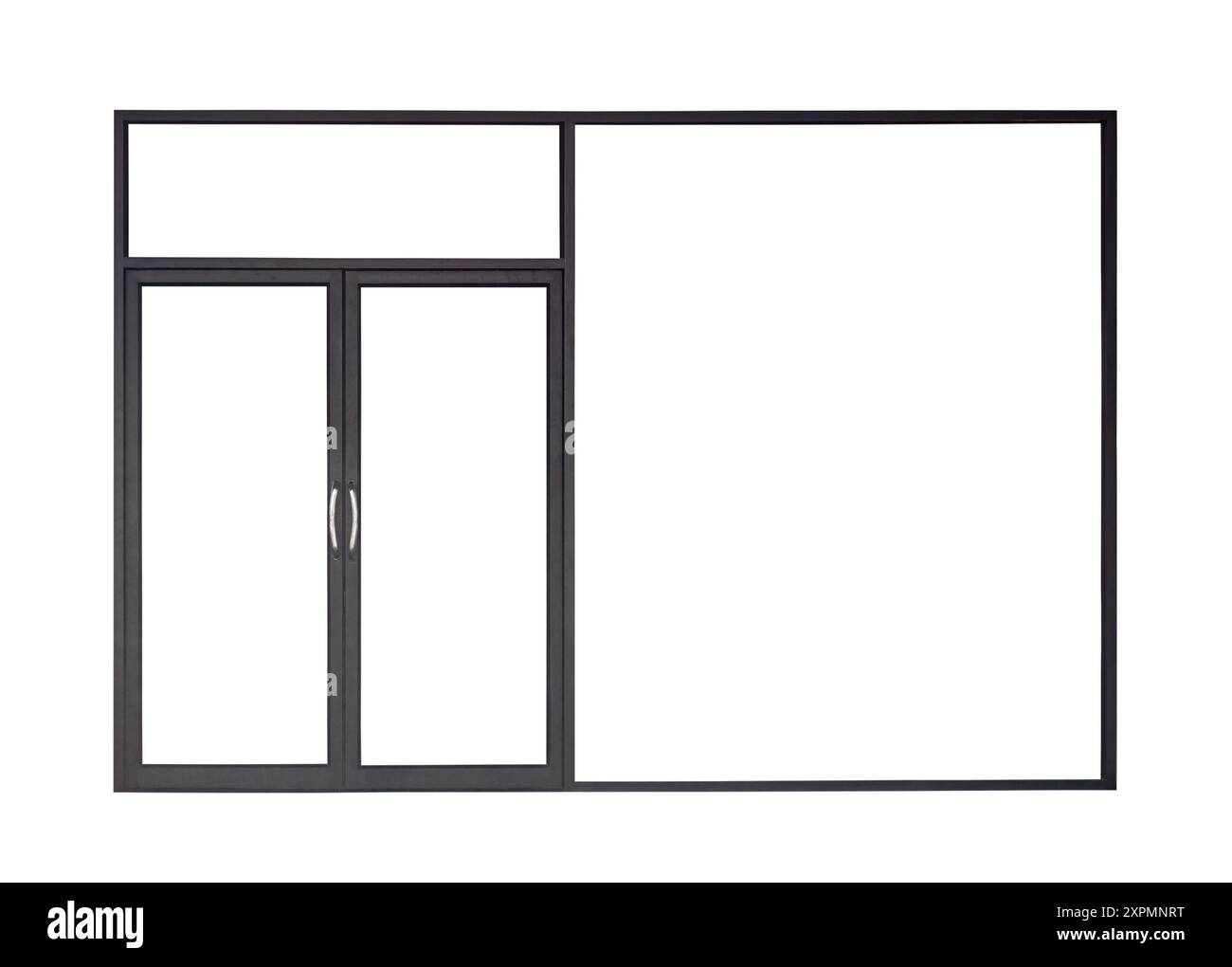 Echter moderner schwarzer Ladenfront mit doppelter Glastür Fensterrahmen isoliert auf weißem Hintergrund Stockfoto