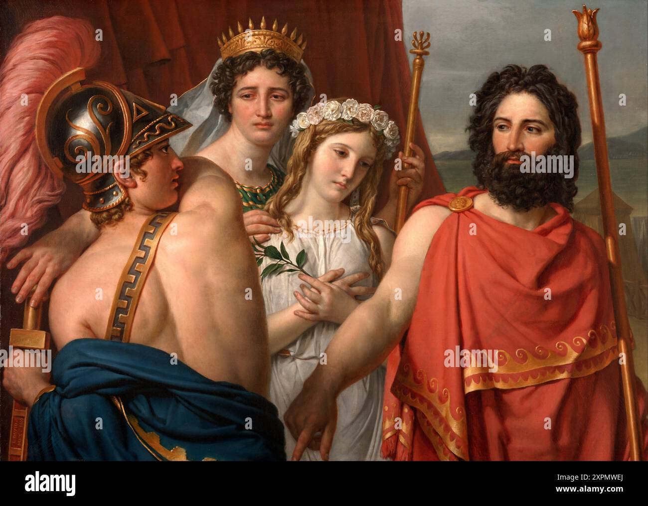 The Anger of Achilles ist ein Gemälde des französischen Künstlers Jacques-Louis David aus dem Jahr 1819. Es befindet sich in der Sammlung des Kimbell Art Museum in Fort Worth, Texas. - Es zeigt den Moment im griechischen Mythos, als Agamemnon Achilles offenbart, dass er seine Tochter Iphigenia nicht als Braut zu ihm gebracht hat, sondern sie opfern will, um die Göttin Artemis zu besänftigen. Stockfoto The Anger of Achilles ist ein Gemälde des französischen Künstlers Jacques-Louis David aus dem Jahr 1819. Es befindet sich in der Sammlung des Kimbell Art Museum in Fort Worth, Texas. - Es zeigt den Moment im griechischen Mythos, als Agamemnon Achilles offenbart, dass er seine Tochter Iphigenia nicht als Braut zu ihm gebracht hat, sondern sie opfern will, um die Göttin Artemis zu besänftigen. Stockfoto