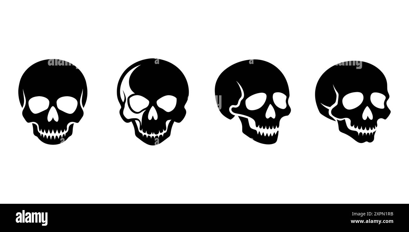 Halloween menschlicher Schädel Silhouette Set, auf weißem Hintergrund. Vektorabbildung Stock Vektor