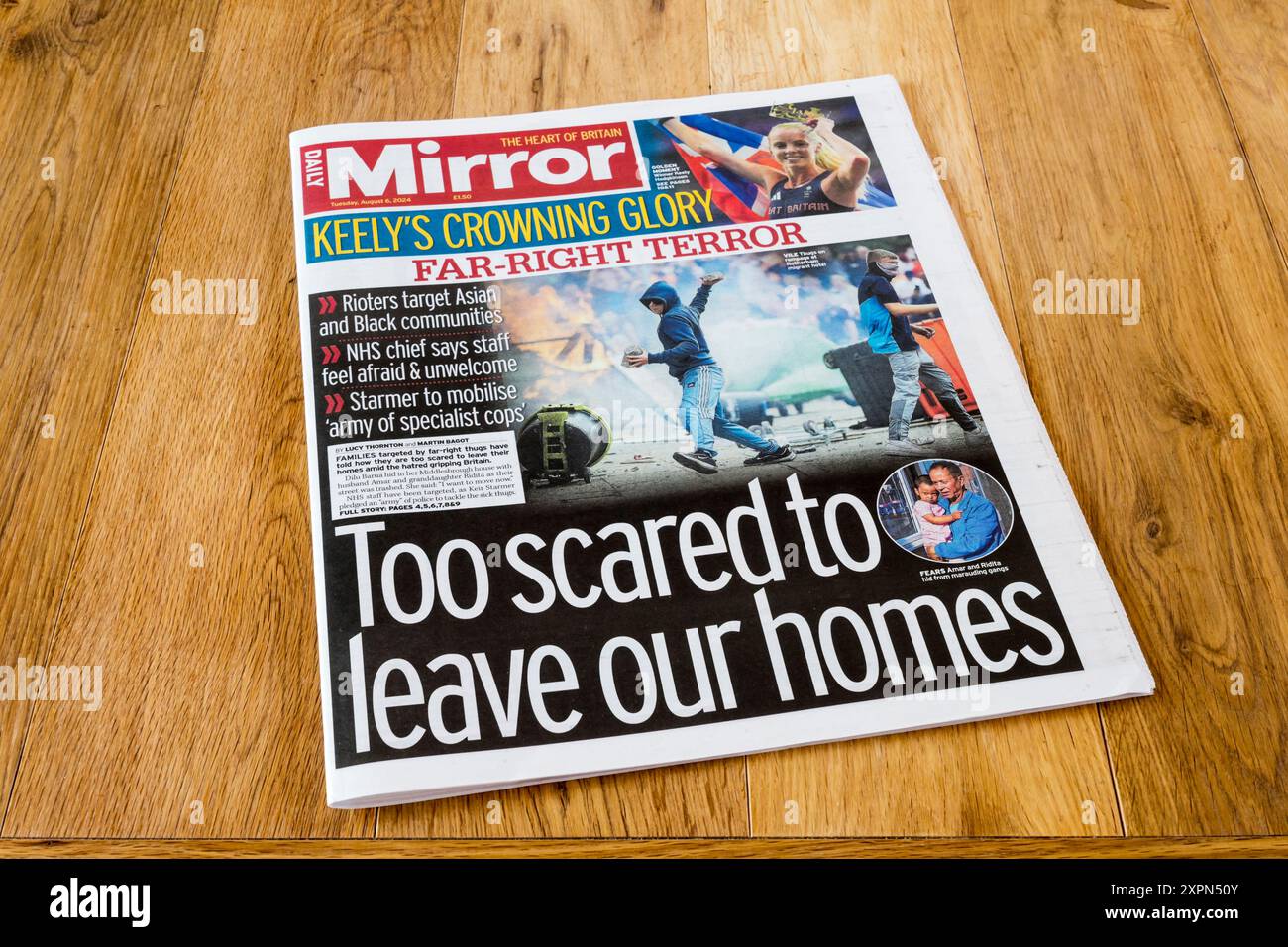 6. August 2024. Die Titelzeile in Daily Mirror liest sich zu ängstlich, um unsere Häuser zu verlassen. Nach rechtsextremen Unruhen in Großbritannien. Stockfoto