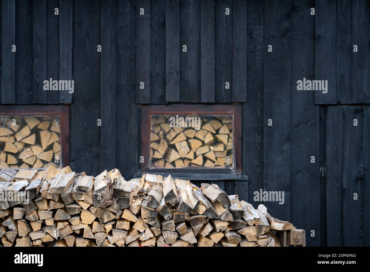 Textur von Brennholz und Holzwand. Verschiedene Arten von Holztexturen Hintergrund. Oberfläche von Holzstrukturen. Stockfoto