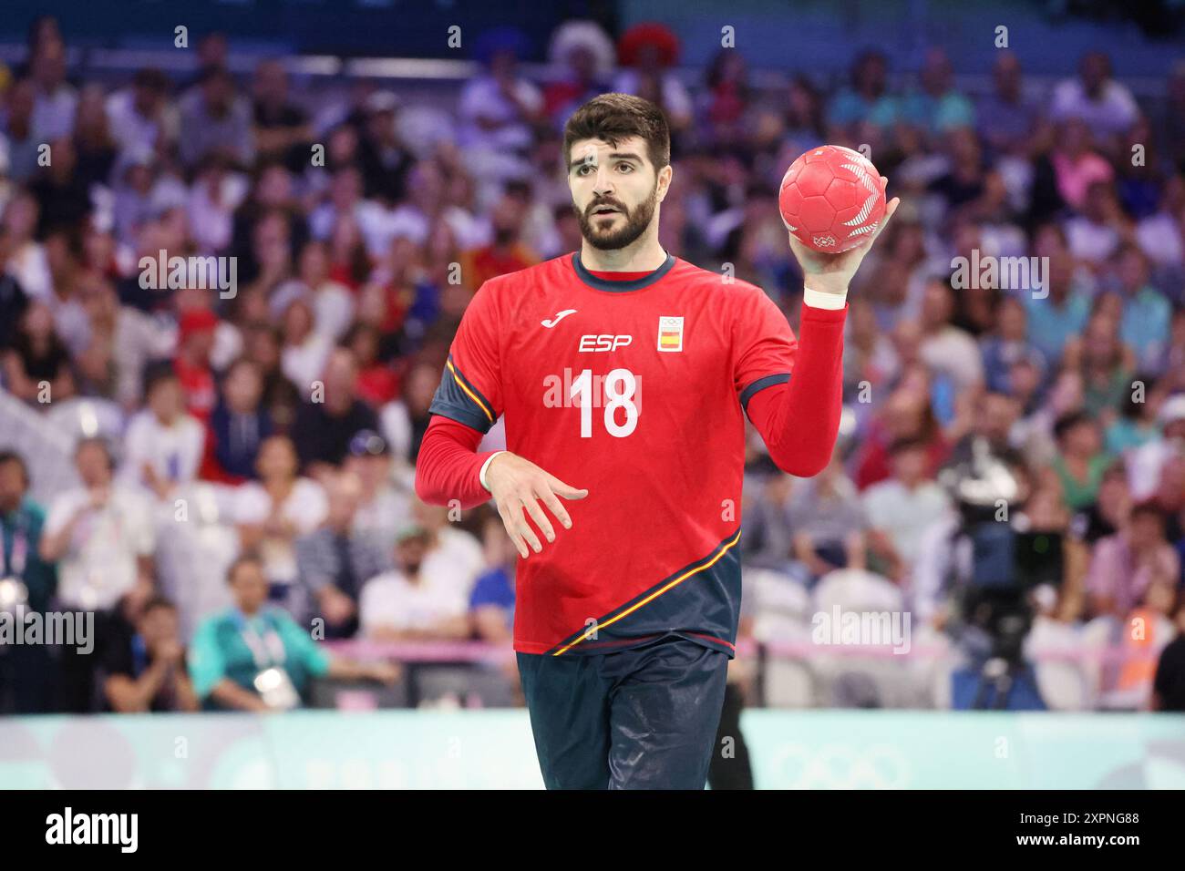 Lille, Frankreich. August 2024. Imanol Garciandia (Spanien), Handball, Viertelfinale der Männer zwischen Spanien und Ägypten während der Olympischen Spiele Paris 2024 am 7. August 2024 im Pierre Mauroy Stadion in Villeneuve-d'Ascq in der Nähe von Lille, Frankreich - Foto Laurent Sanson/Panorama/DPPI Media Credit: DPPI Media/Alamy Live News Stockfoto