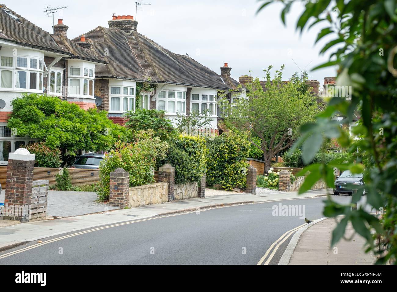 LONDON - JULI 2024: Straße mit typischen großen Familienhäusern in Mortlake im Südwesten Londons Stockfoto