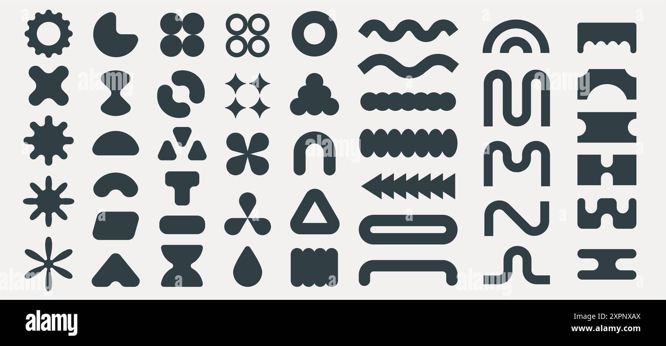 Moderne geometrische Formen. Minimalistische abstrakte Figuren, brutalistische 3D-Grundformen und -Linien, minimalistische moderne einfache Formen. Vektorsammlung. Bauhaus und Stock Vektor