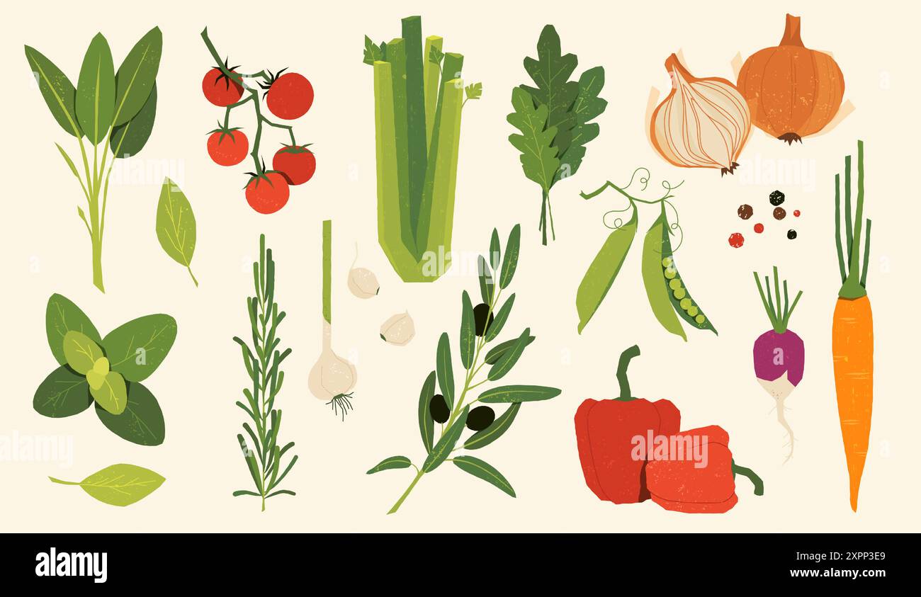 Italienisches Gemüse. Cartoon-Zutaten, handgezeichnete Salatmischung, vegane vegetarische Bauernküche. Vektor-isolierter Satz. Zwiebeln, Erbsen und Paprika Stock Vektor
