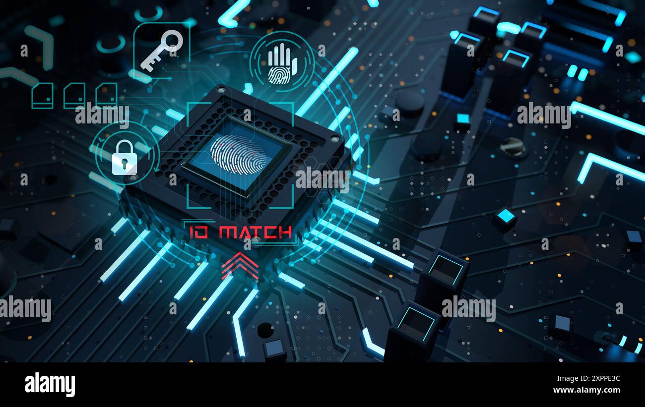 Fingerabdruckscanner auf Mikrochip, umgeben von Vorhängeschloss, Schlüssel- und Handsymbolen auf einer komplexen Leiterplatte. Digitales Sicherheitskonzept. 3D-Abbildung Stockfoto