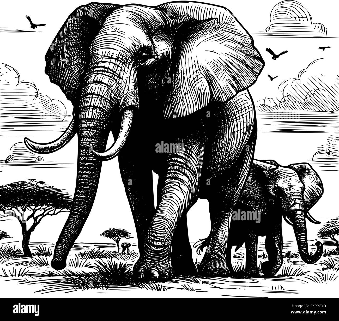 Ein großer Elefant läuft mit einem Elefantenbaby. Die Szene spielt in einem grasbewachsenen Feld mit einem Baum im Hintergrund Stock Vektor