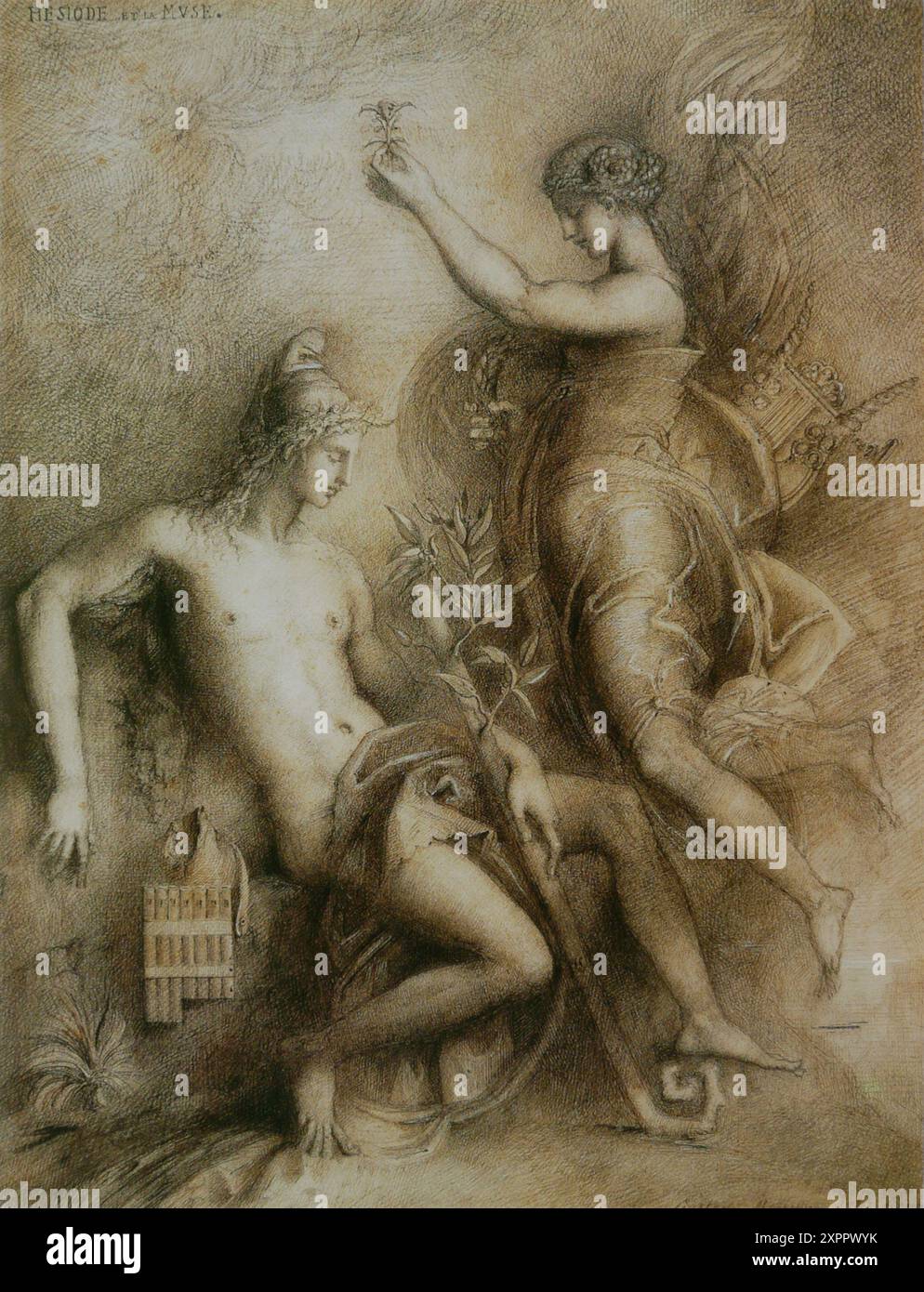 Hesiod und die Muse (1857), 42 x 33 cm, Kreide, Stift und Tinte, Fogg Museum Gustave Moreau - Stockfoto