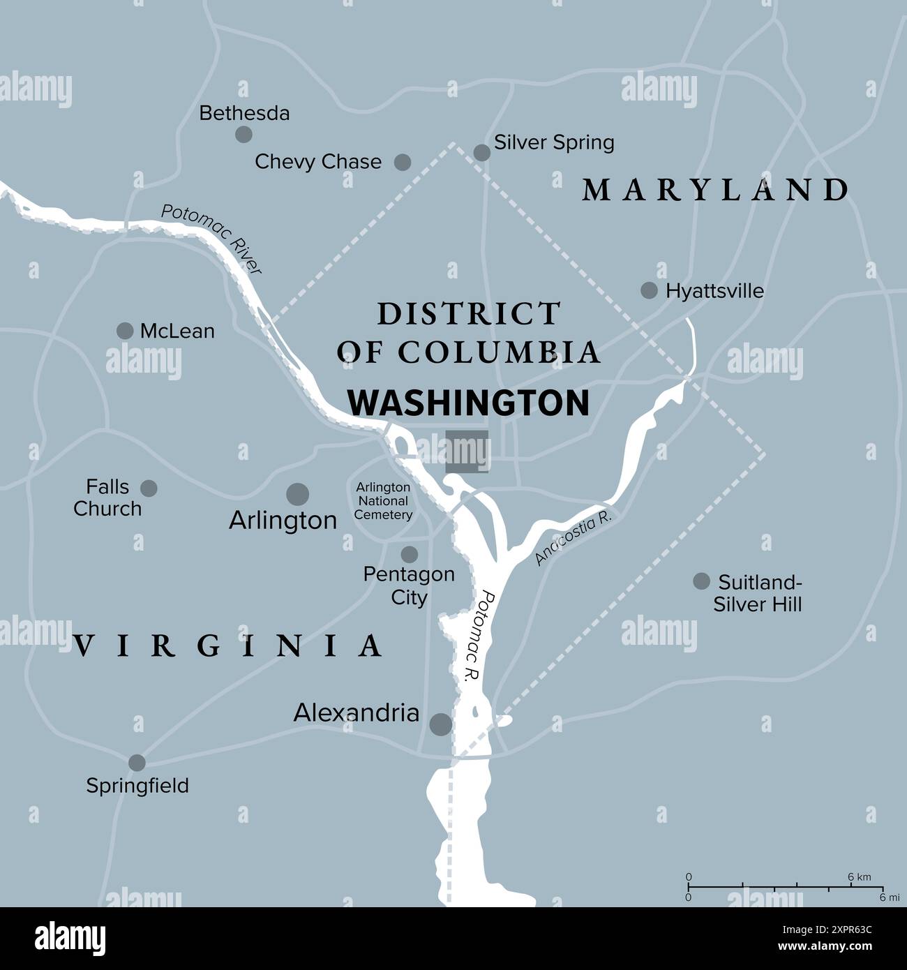 Washington, D.C., graue politische Karte. District of Columbia, Hauptstadt und Bundesbezirk der Vereinigten Staaten. Gelegen am Potomac River. Stockfoto