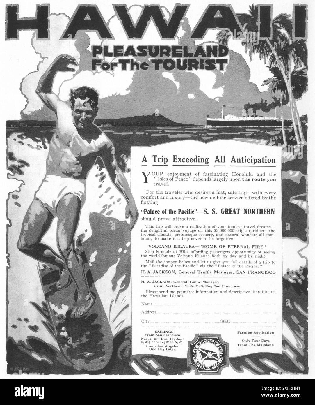 1916 Great Northern Pacific Steamship Co - „Hawaii pleasureland for the Tourist“ Stockfoto