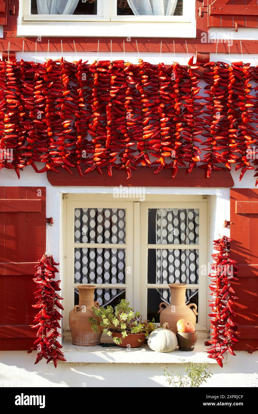 Espelette Paprika, Chili Paprika, die an den Wänden der Häuser trocknen, Espelette, Aquitanien, Baskenland, Pyrenäen Atlantiques, 64, Frankreich Stockfoto