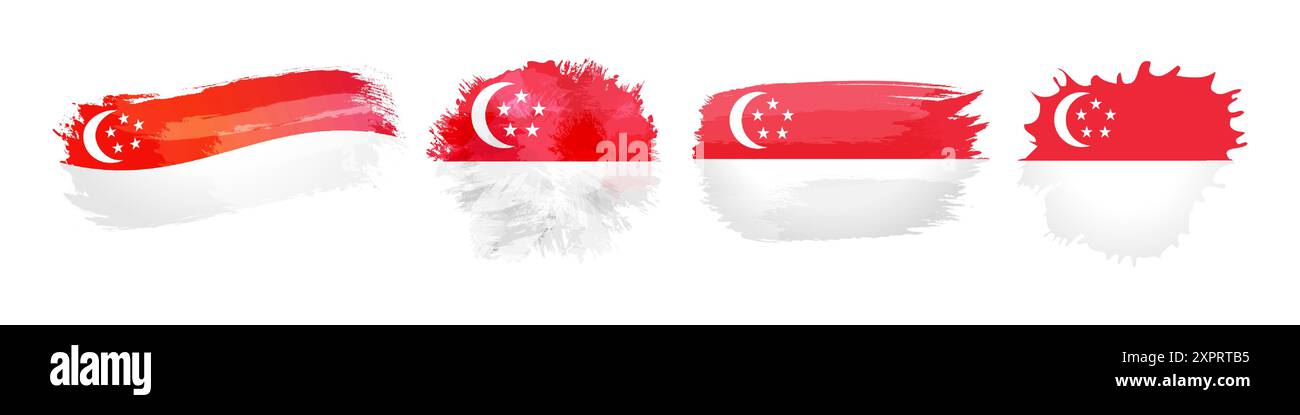 Set von kreativen Flaggensymbolen. Flaggen von Singapur, dekoratives Design mit Aquarellen. Willkommen bei Singapore Invitation Element. Branding-Konzept. Unabhängigkeit Da Stock Vektor