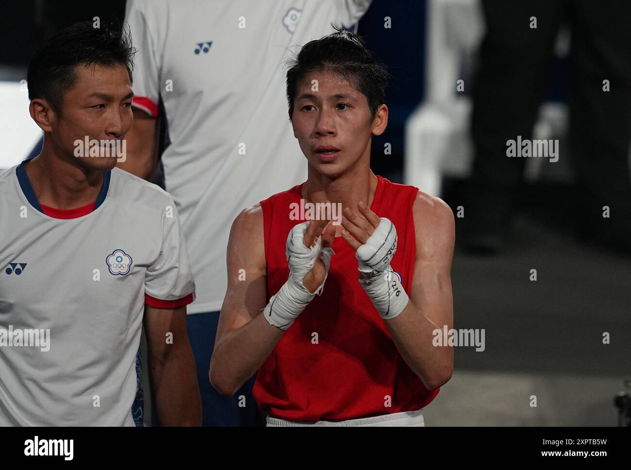 6. August 2024: Yu Ting Lin (Chinesisch Taipeh) während ihres 57 kg Halbfinales gegen Esra Yildiz Kahraman (TÃ¼rkiye) am 12. Tag der Olympischen Spiele in Roland Garros, Paris. Ulrik Pedersen/CSM. Stockfoto