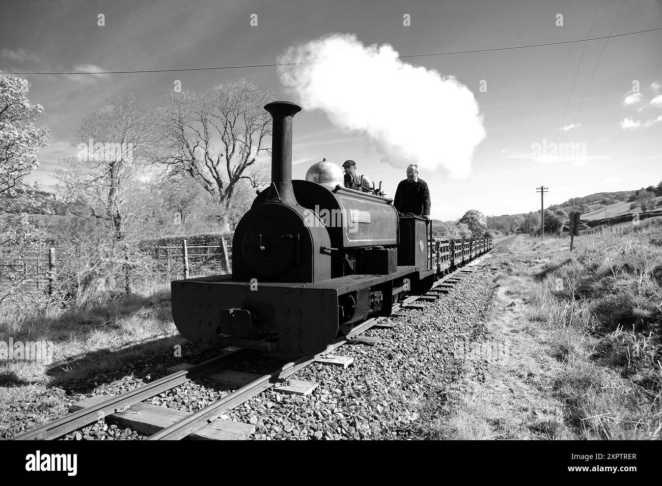 „Winifred“ und Zug am Dolfawr Crossing. Stockfoto