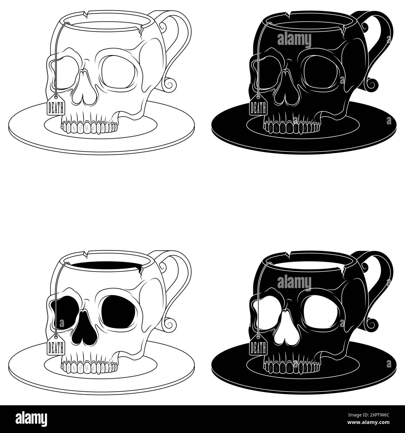 Vektor-Design der menschlichen Schädelform Porzellan Teetasse, Schädelform Kaffeetasse und seine Platte, Dämonentasse für das Trinken von Blut Stock Vektor